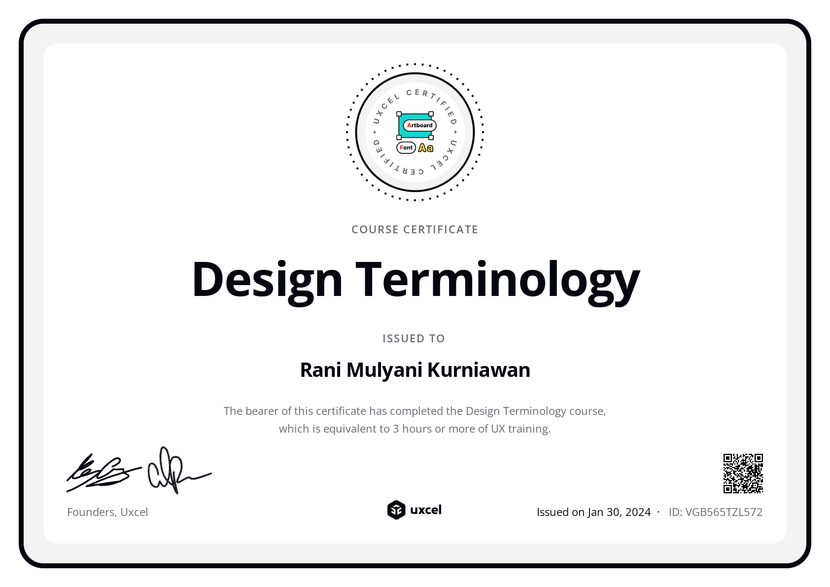 Rani Mulyani Kurniawan's certificate